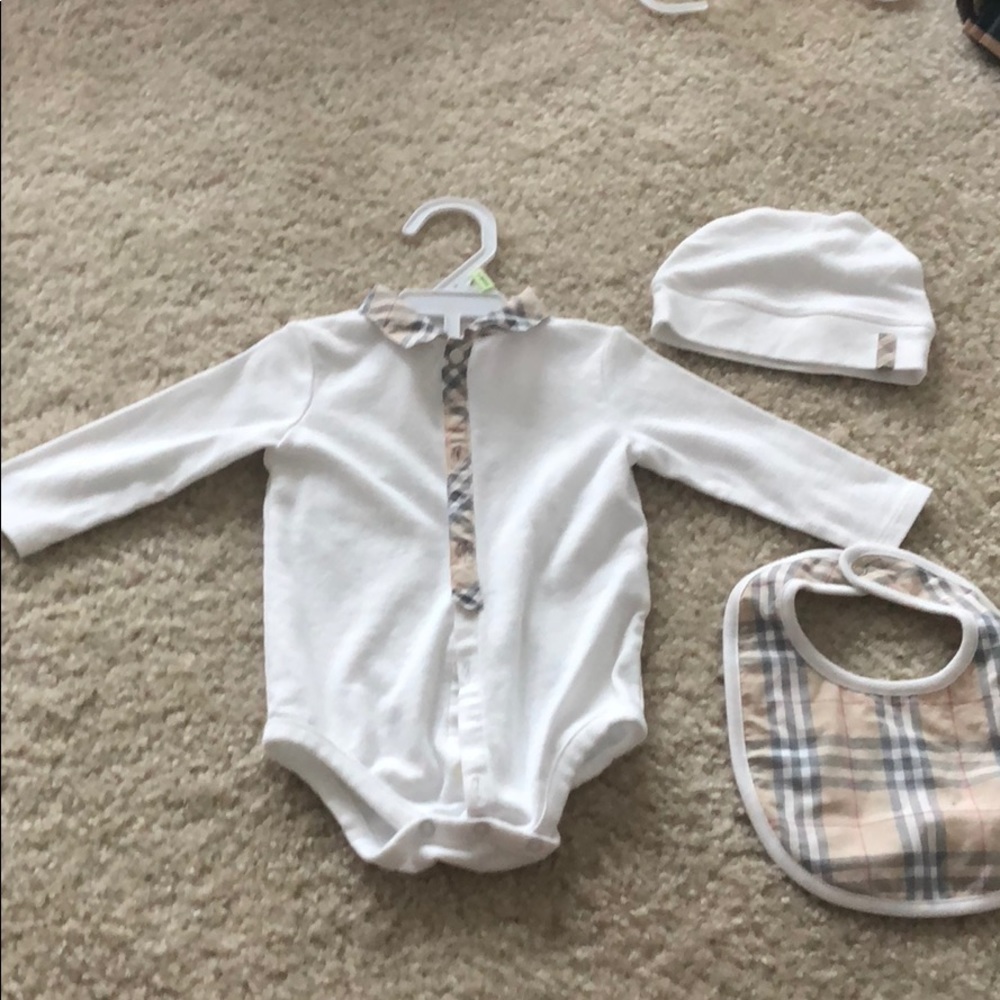 Burberry bodysuit, bib, and hat